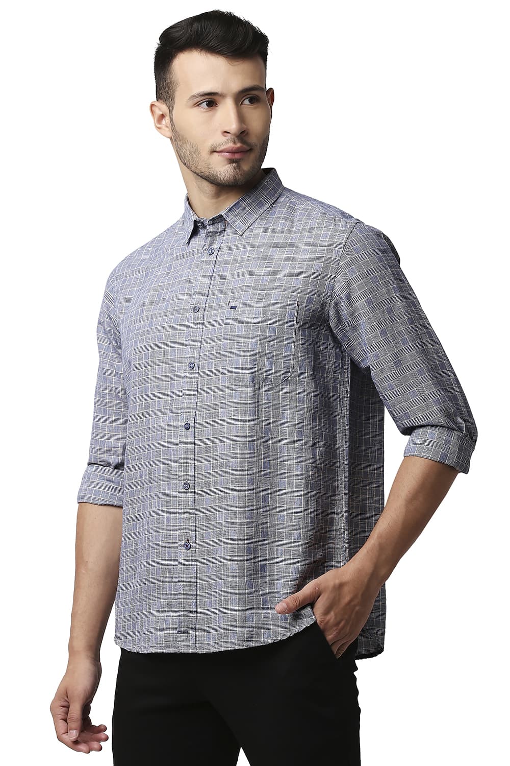 BASICS SLIM FIT COTTON LINEN CHECKS SHIRT