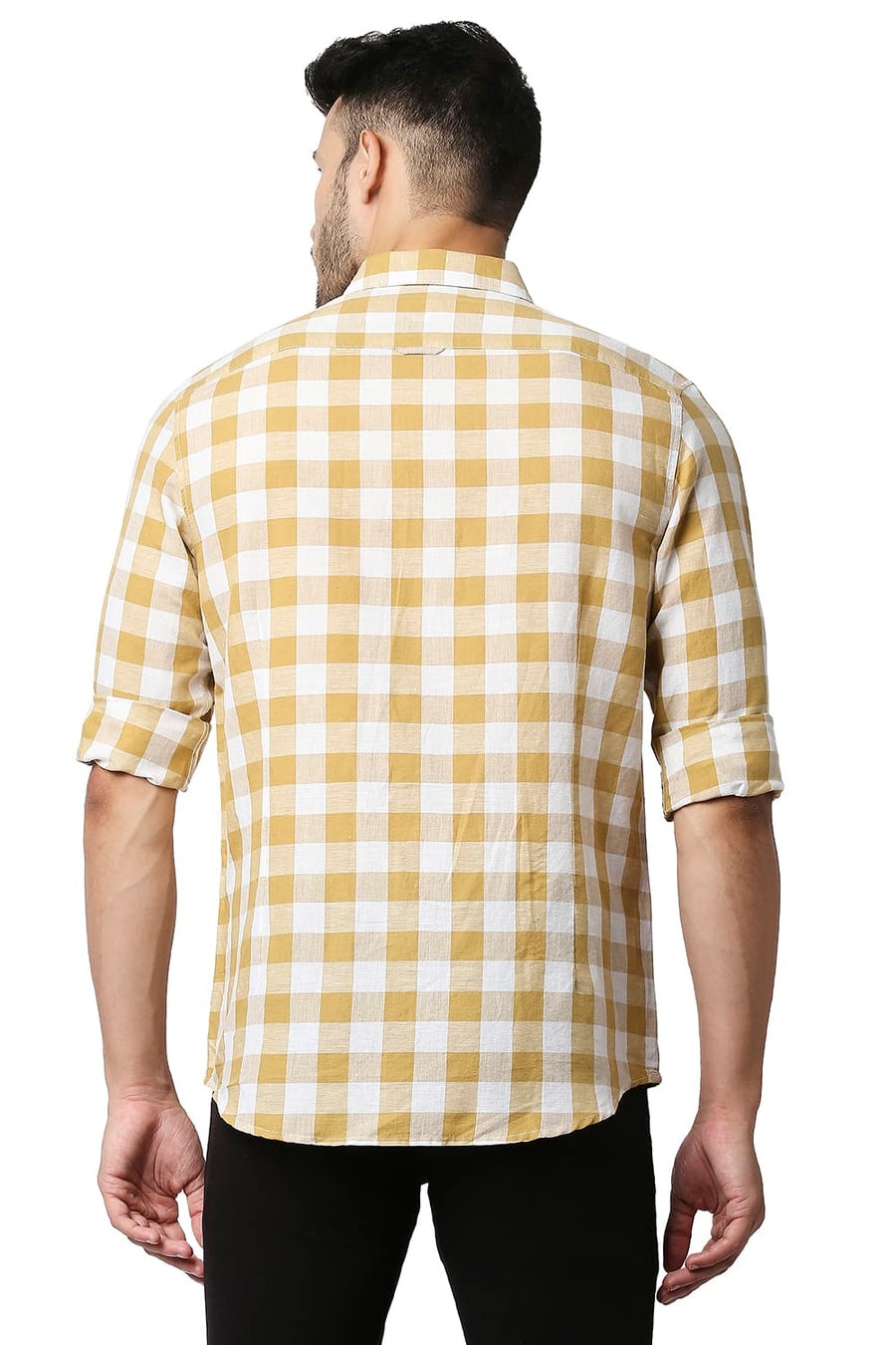 BASICS SLIM FIT WOOD THRUSH KHAKI COTTON LINEN CHECKS SHIRT