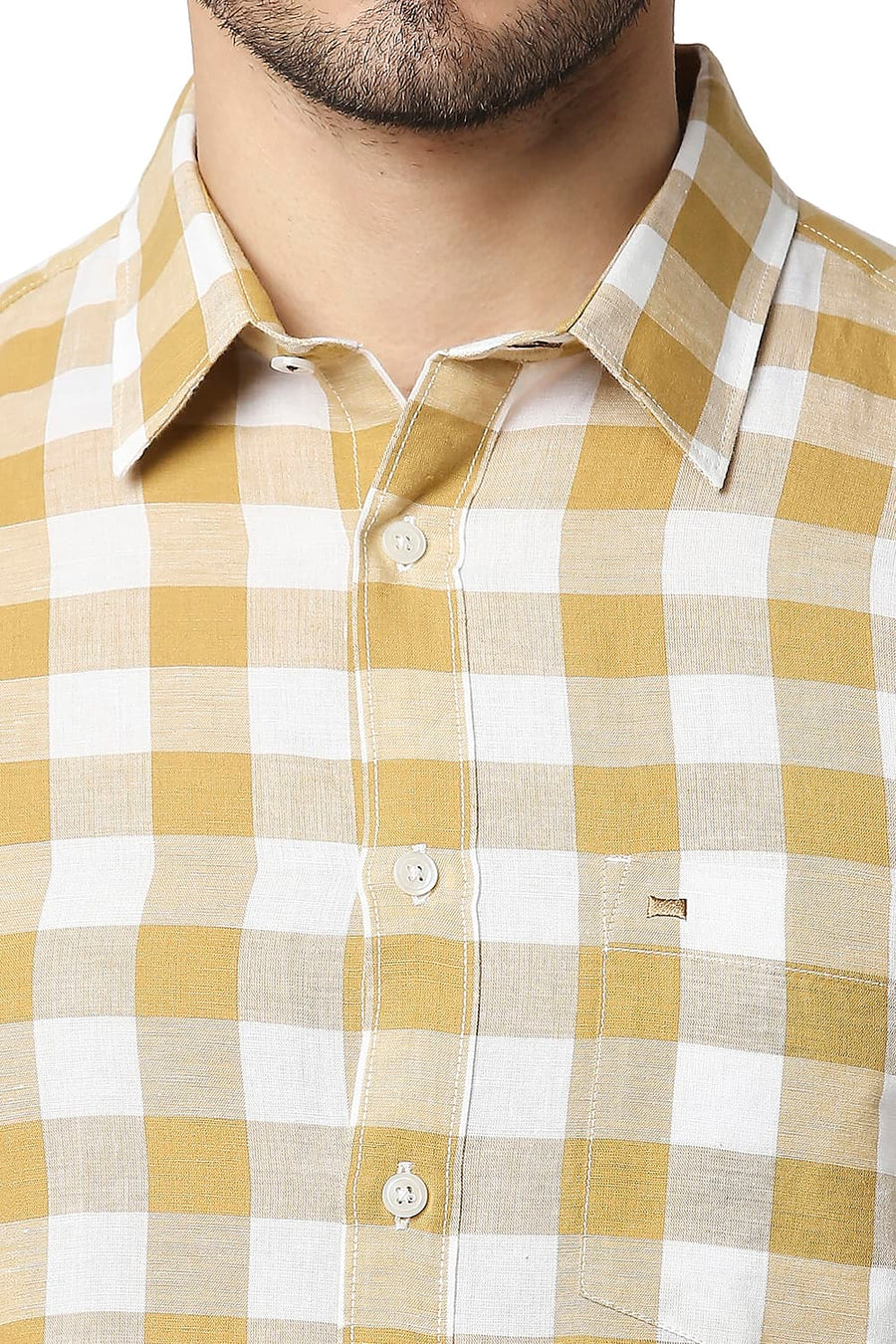BASICS SLIM FIT WOOD THRUSH KHAKI COTTON LINEN CHECKS SHIRT