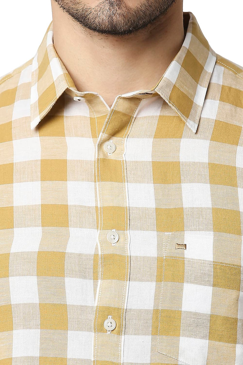 BASICS SLIM FIT COTTON LINEN CHECKS SHIRT