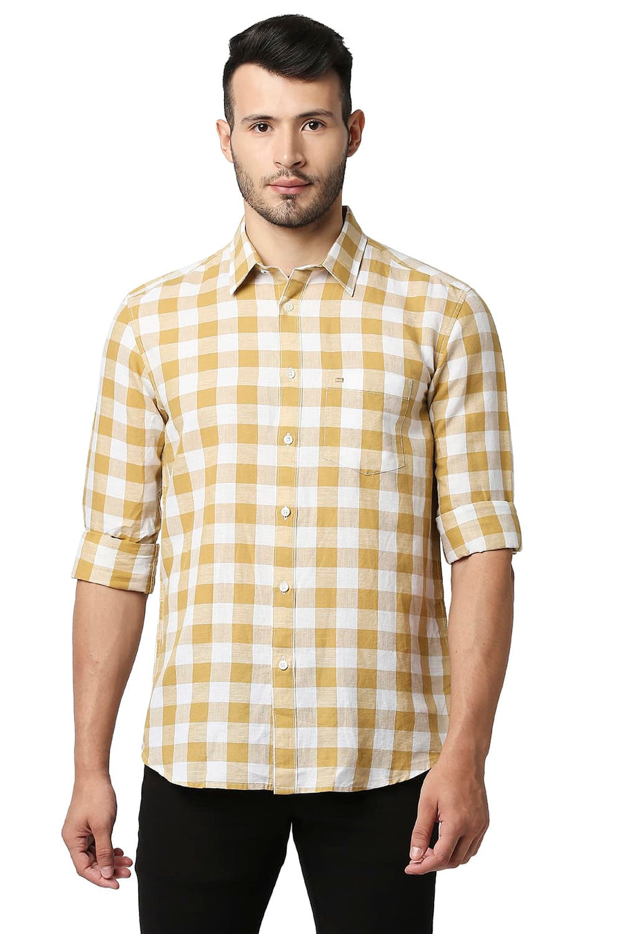 BASICS SLIM FIT WOOD THRUSH KHAKI COTTON LINEN CHECKS SHIRT