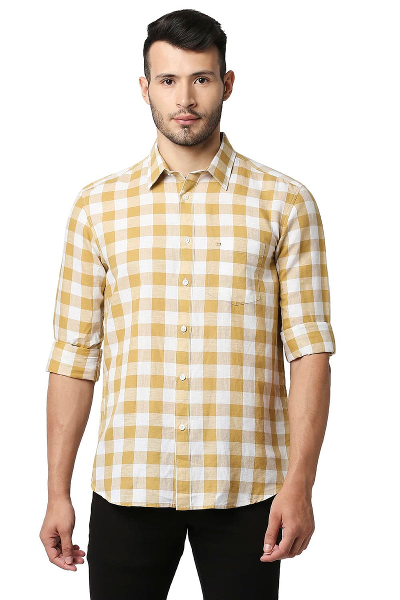 BASICS SLIM FIT COTTON LINEN CHECKS SHIRT