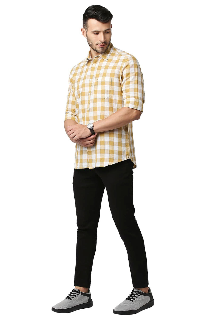 BASICS SLIM FIT WOOD THRUSH KHAKI COTTON LINEN CHECKS SHIRT