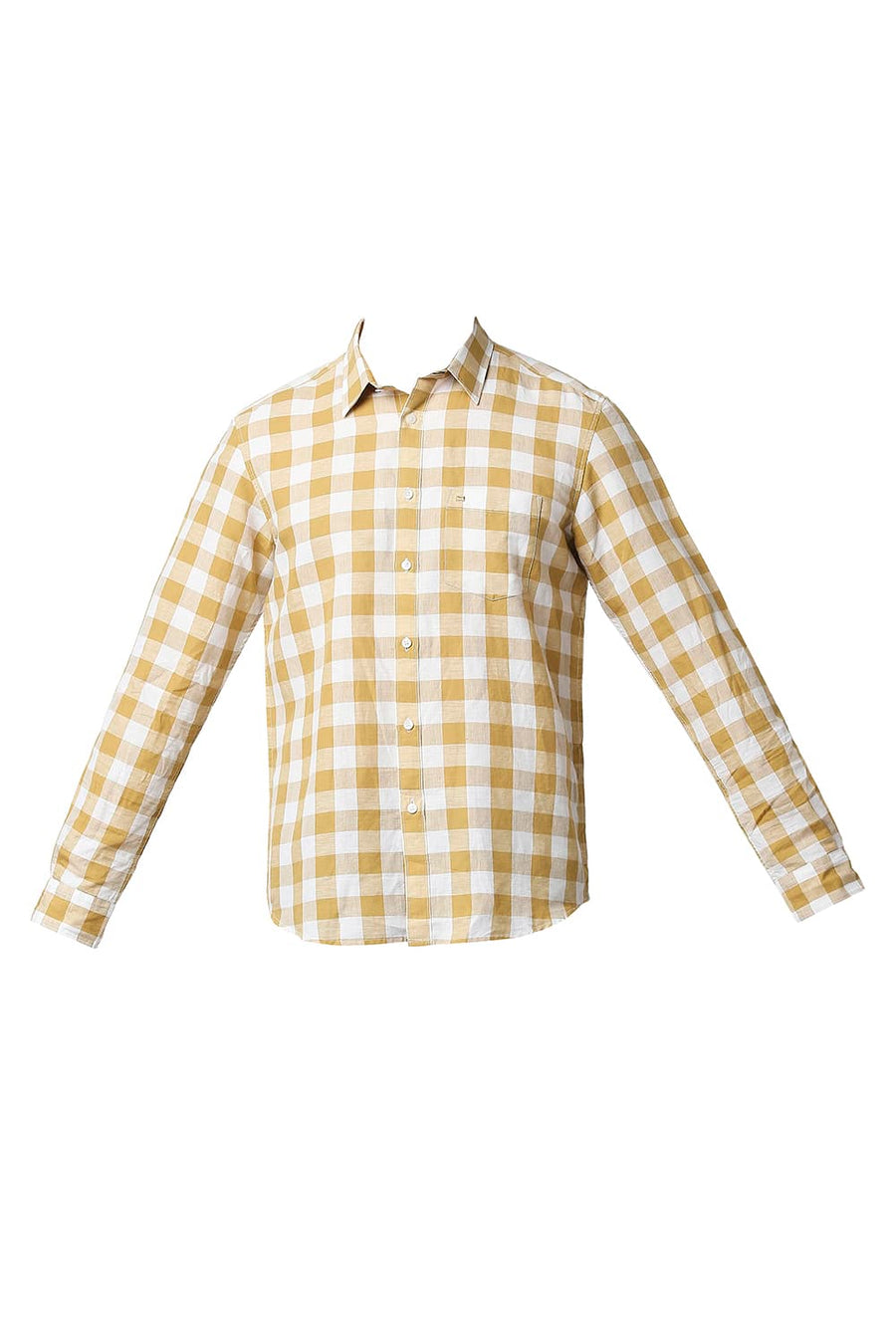 BASICS SLIM FIT WOOD THRUSH KHAKI COTTON LINEN CHECKS SHIRT
