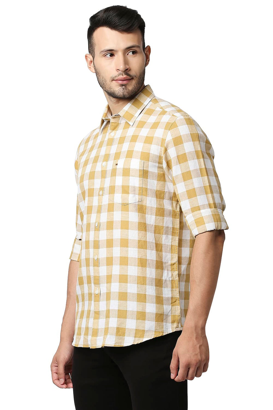 BASICS SLIM FIT WOOD THRUSH KHAKI COTTON LINEN CHECKS SHIRT