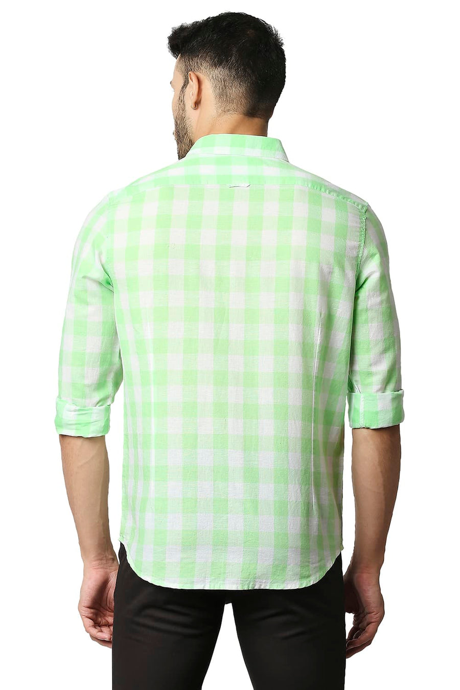 BASICS SLIM FIT ARCADIAN GREEN COTTON LINEN CHECKS SHIRT