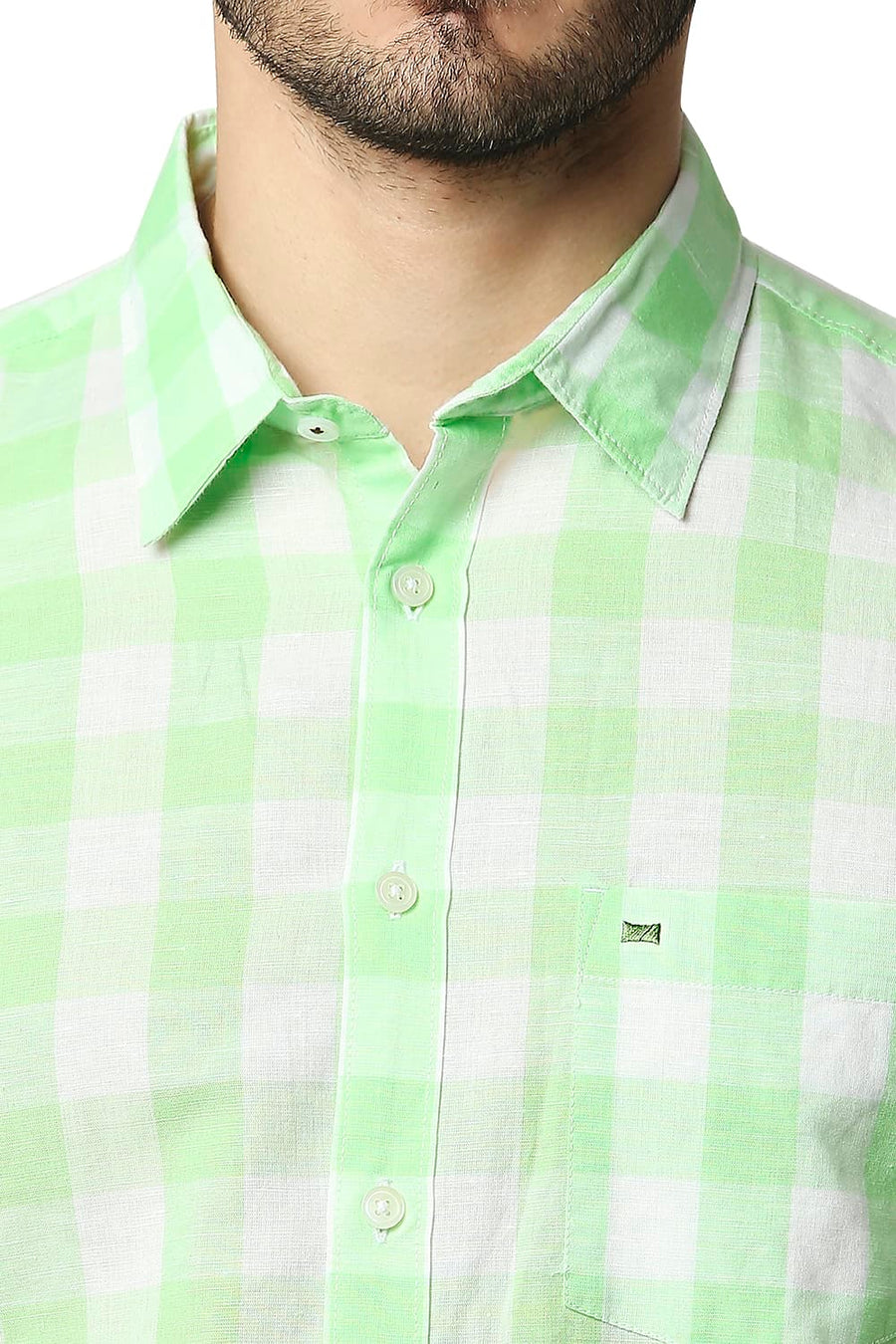 BASICS SLIM FIT ARCADIAN GREEN COTTON LINEN CHECKS SHIRT