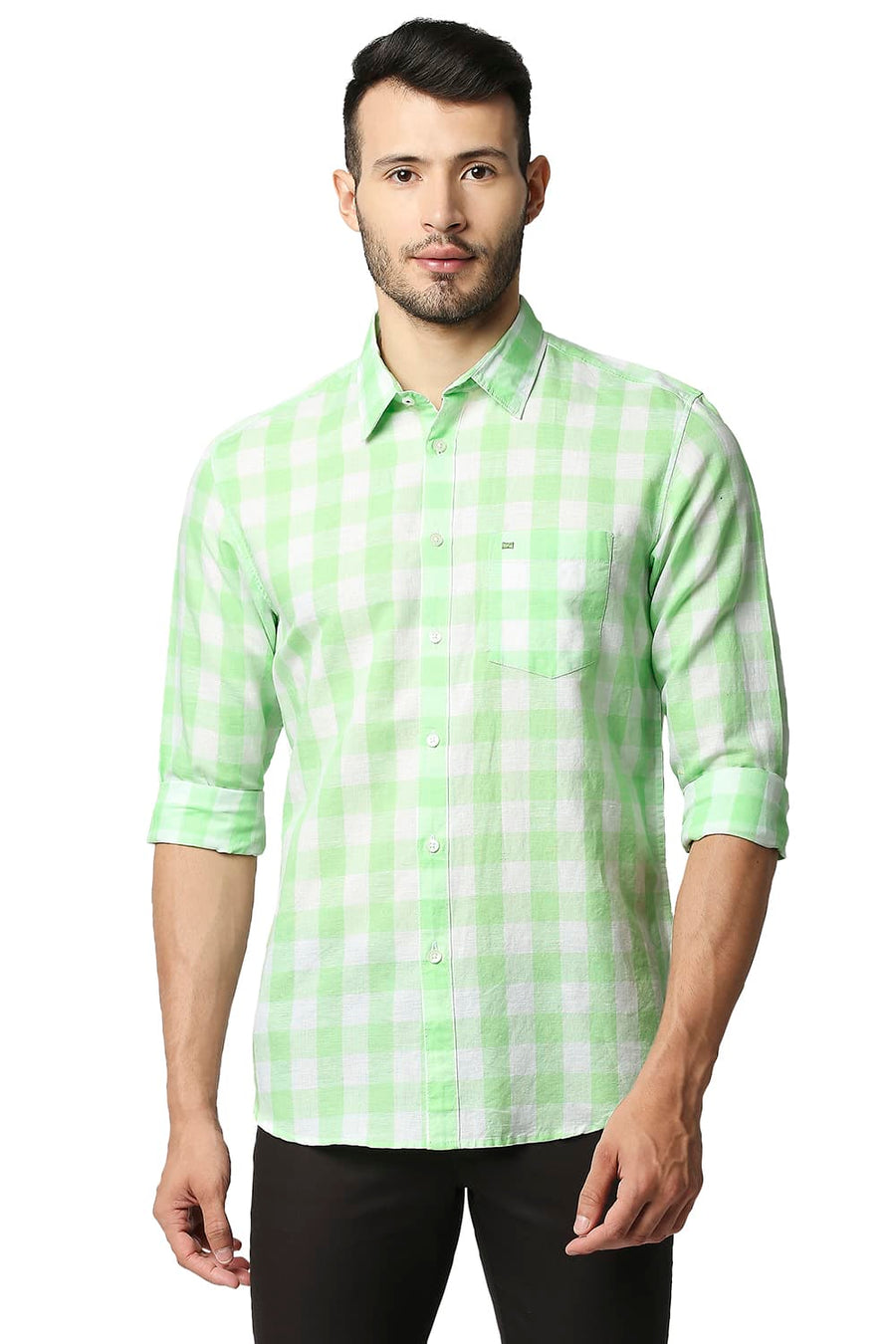 BASICS SLIM FIT ARCADIAN GREEN COTTON LINEN CHECKS SHIRT