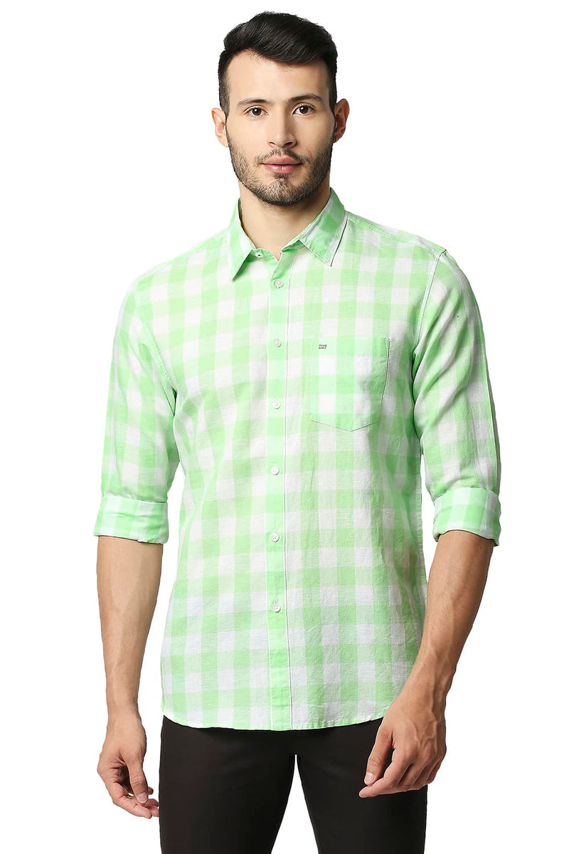 BASICS SLIM FIT COTTON LINEN CHECKS SHIRT