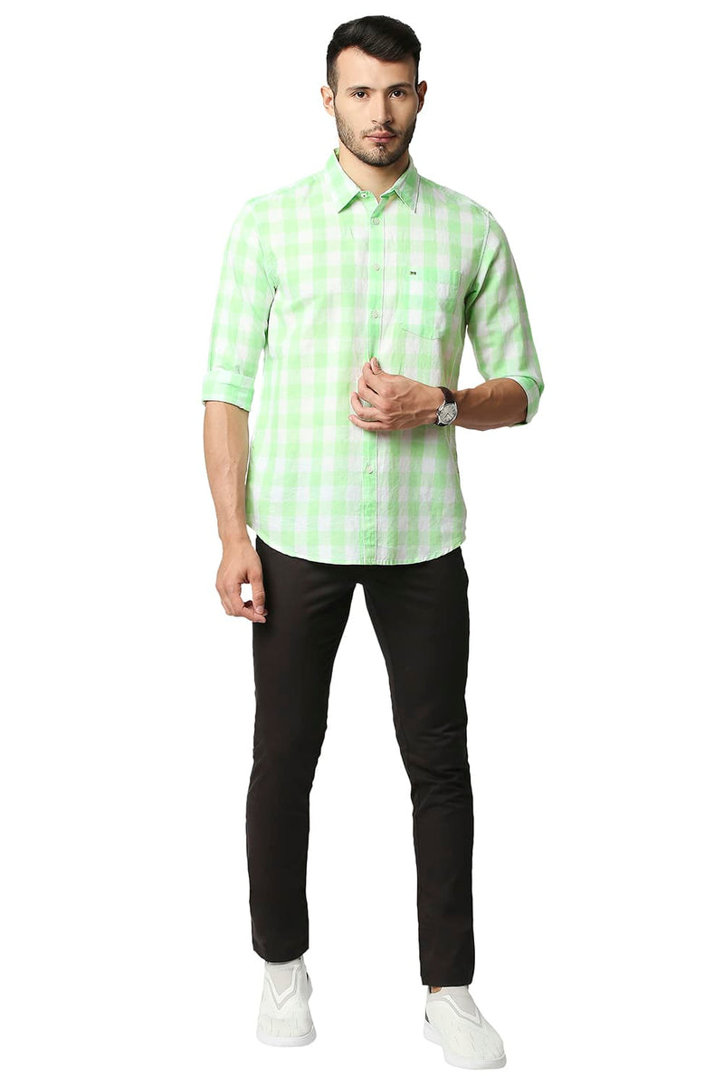 BASICS SLIM FIT COTTON LINEN CHECKS SHIRT