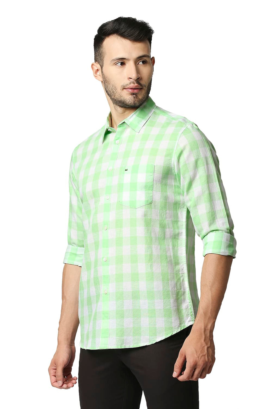 BASICS SLIM FIT ARCADIAN GREEN COTTON LINEN CHECKS SHIRT