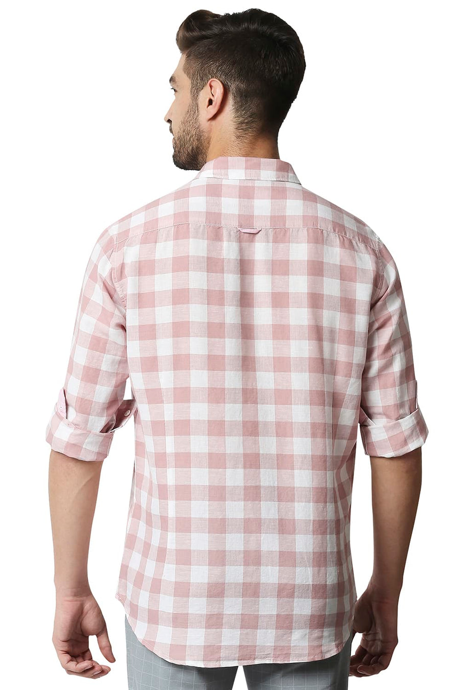 BASICS SLIM FIT BLUSH PINK COTTON LINEN CHECKS SHIRT
