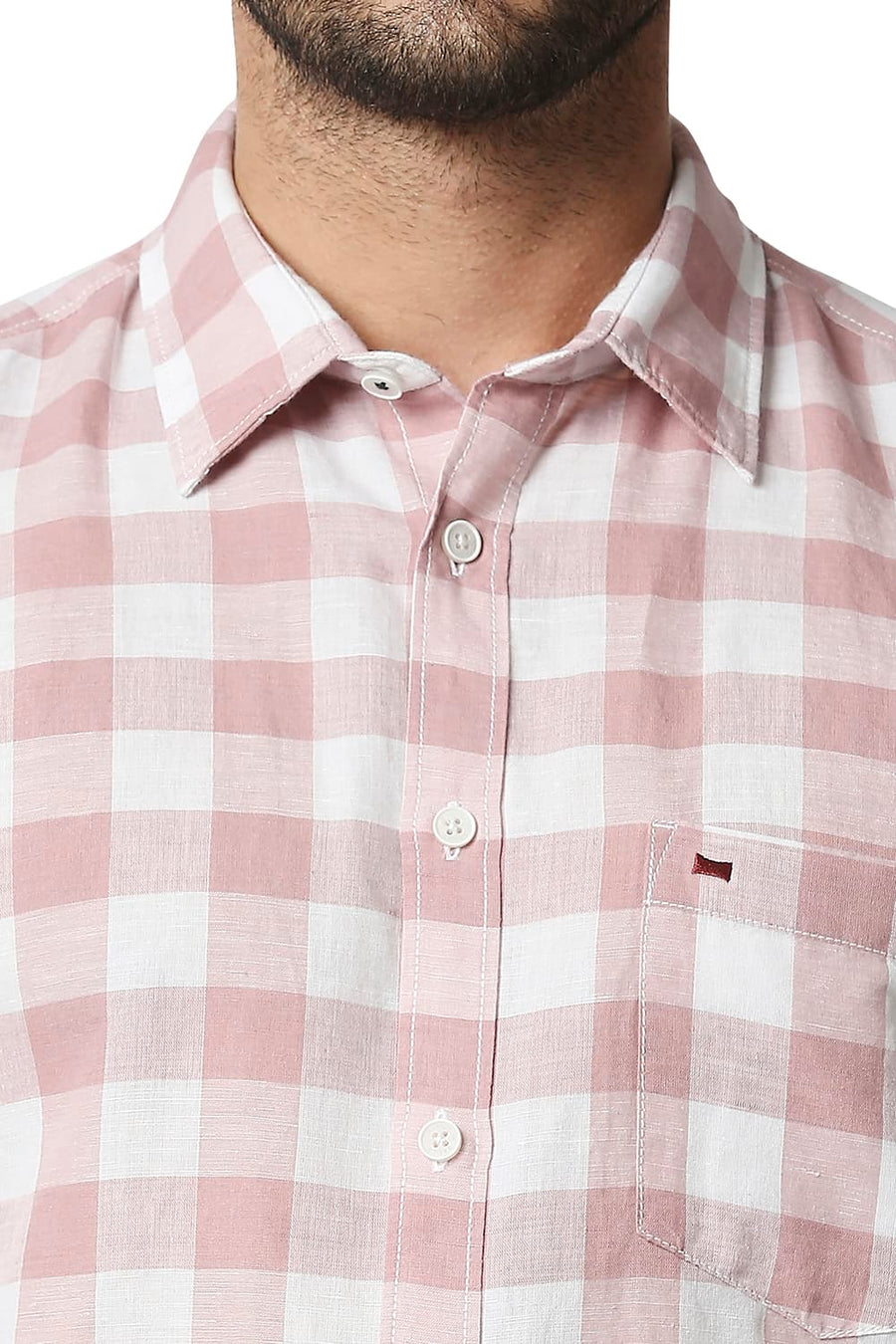 BASICS SLIM FIT BLUSH PINK COTTON LINEN CHECKS SHIRT