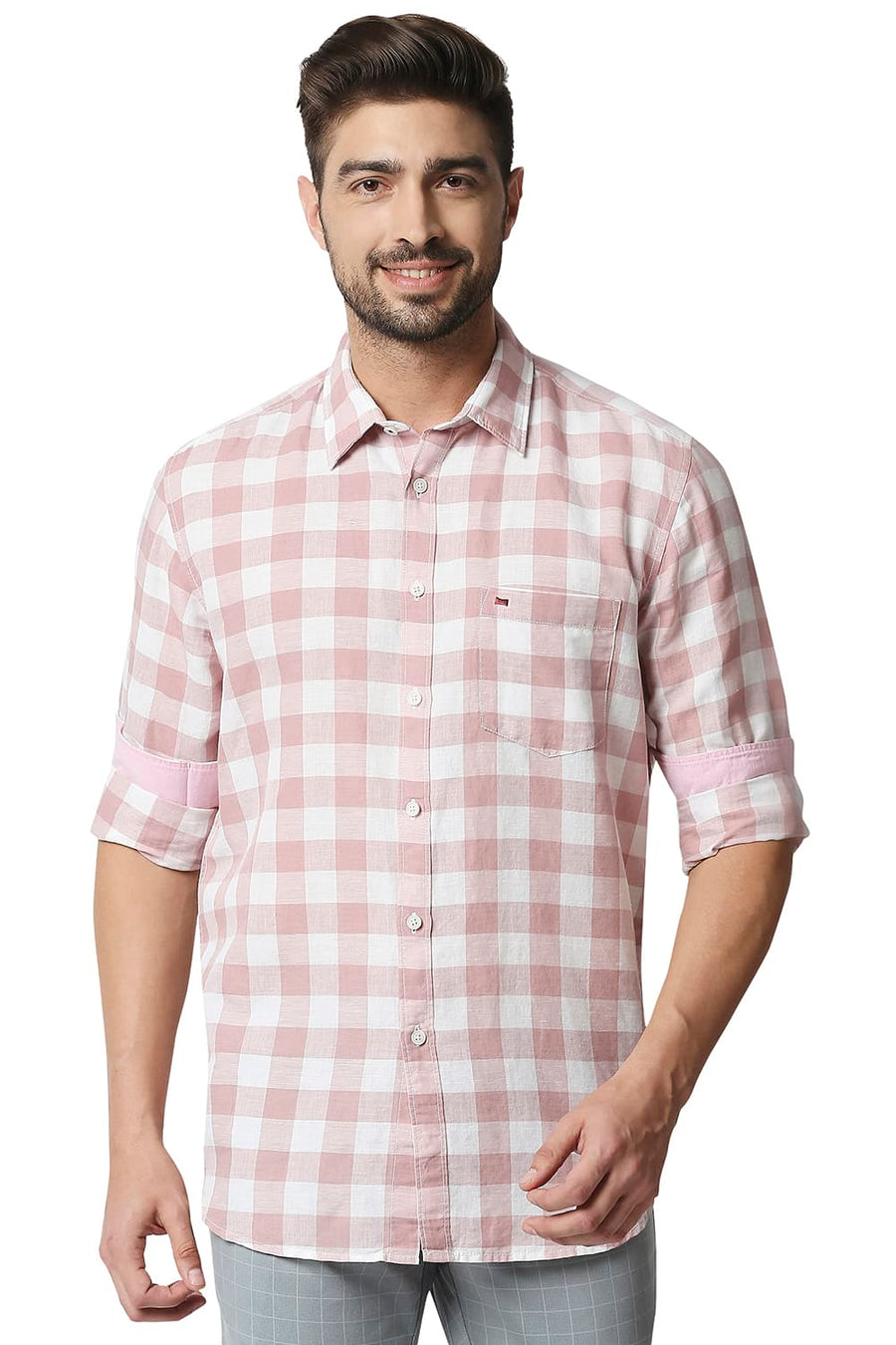 BASICS SLIM FIT BLUSH PINK COTTON LINEN CHECKS SHIRT
