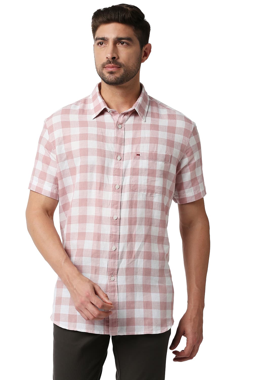 BASICS SLIM FIT COTTON LINEN CHECKS SHIRT