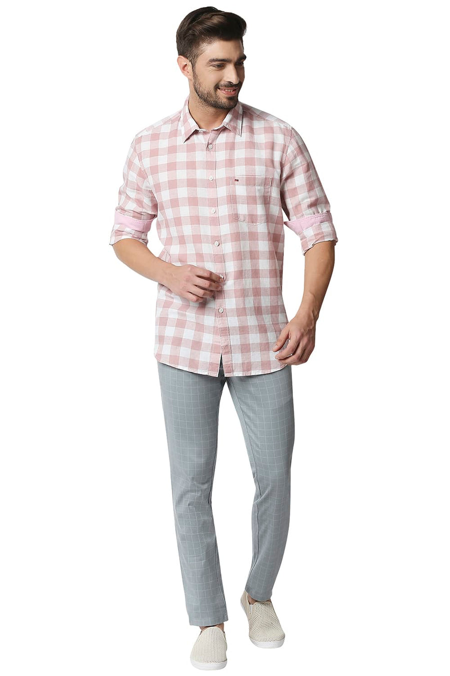 BASICS SLIM FIT BLUSH PINK COTTON LINEN CHECKS SHIRT