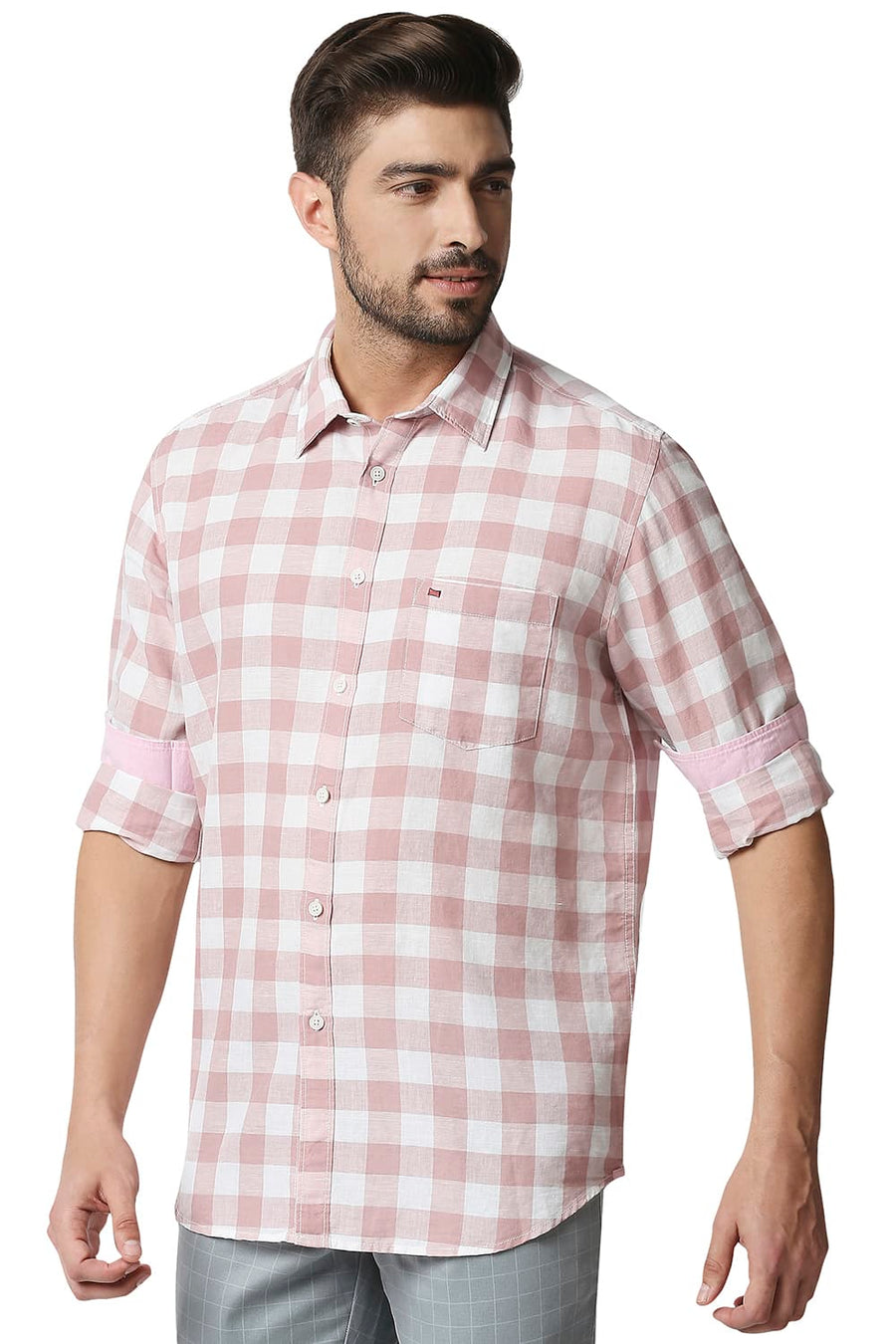 BASICS SLIM FIT BLUSH PINK COTTON LINEN CHECKS SHIRT
