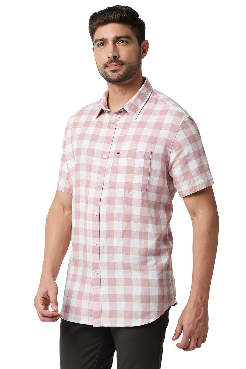 BASICS SLIM FIT COTTON LINEN CHECKS HALFSLEEVES SHIRT