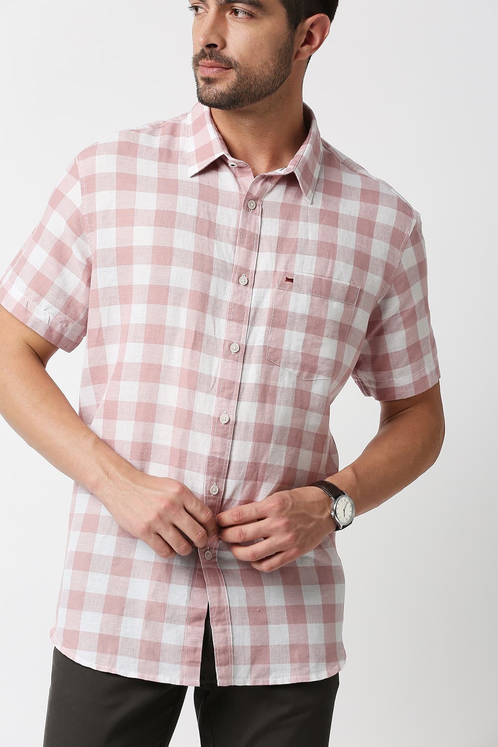 Slim Fit Cotton Linen Checks Halfsleeves Shirt