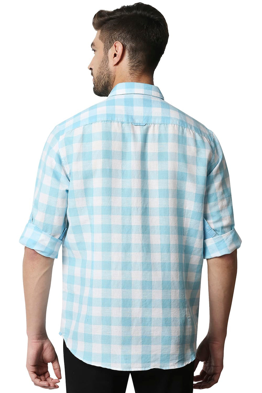 BASICS SLIM FIT PETIT FOUR BLUE COTTON LINEN CHECKS SHIRT