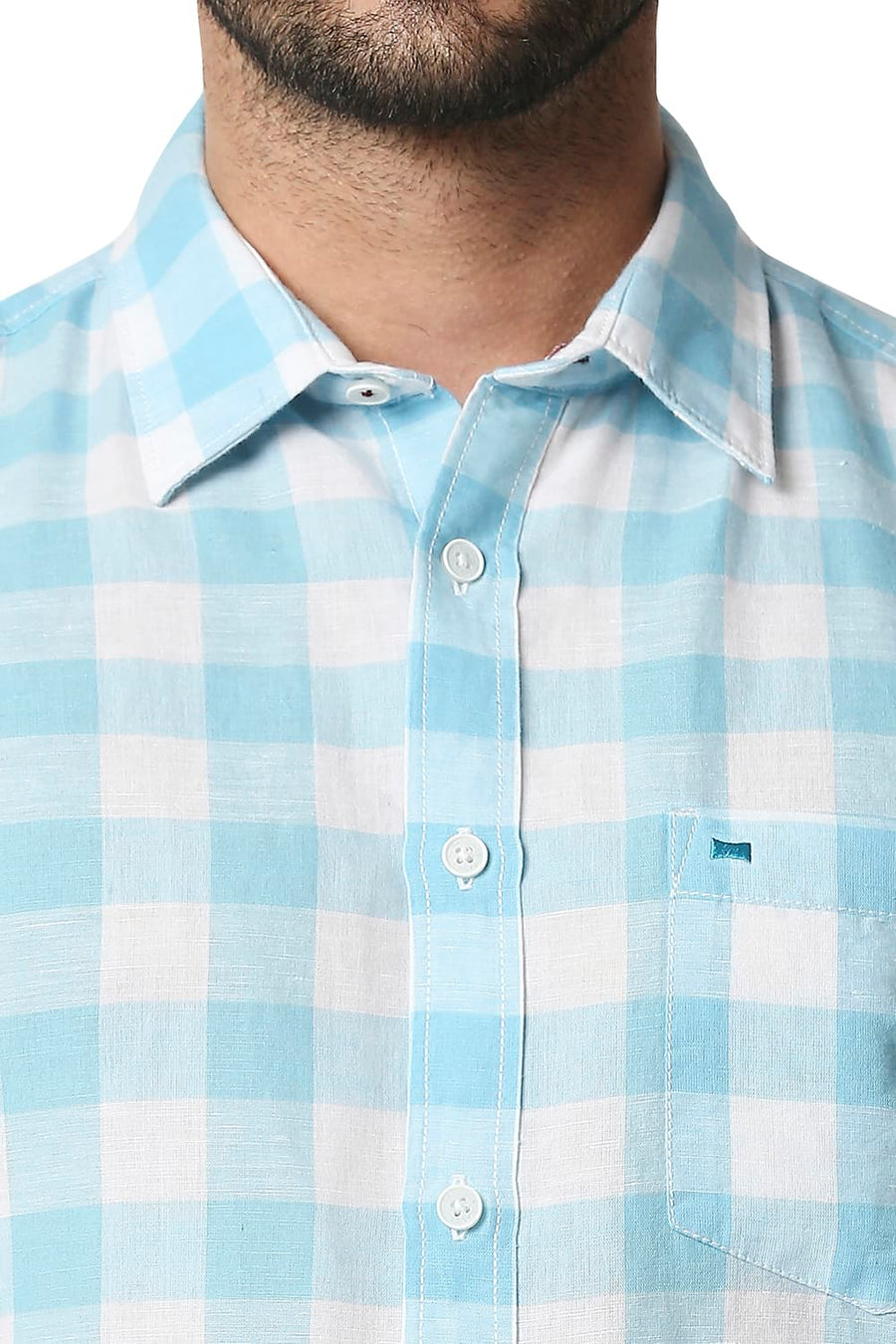 BASICS SLIM FIT PETIT FOUR BLUE COTTON LINEN CHECKS SHIRT