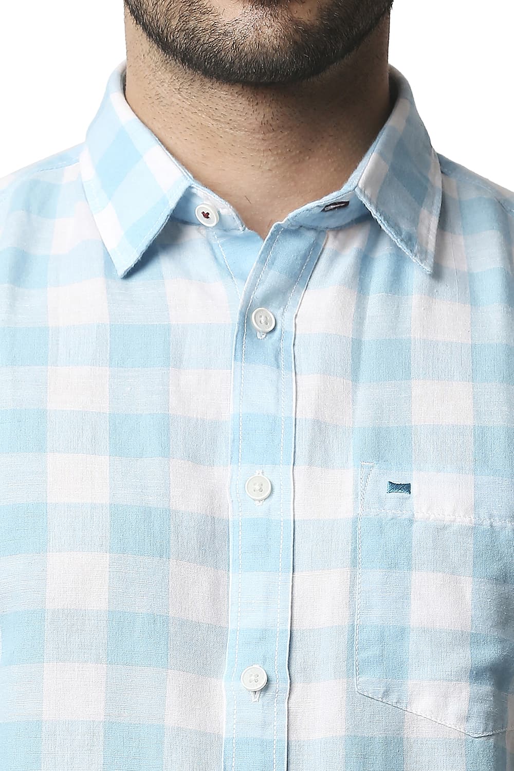 BASICS SLIM FIT COTTON LINEN CHECKS HALFSLEEVES SHIRT