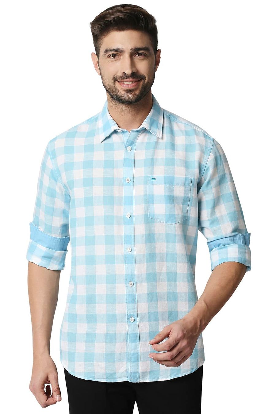 BASICS SLIM FIT PETIT FOUR BLUE COTTON LINEN CHECKS SHIRT