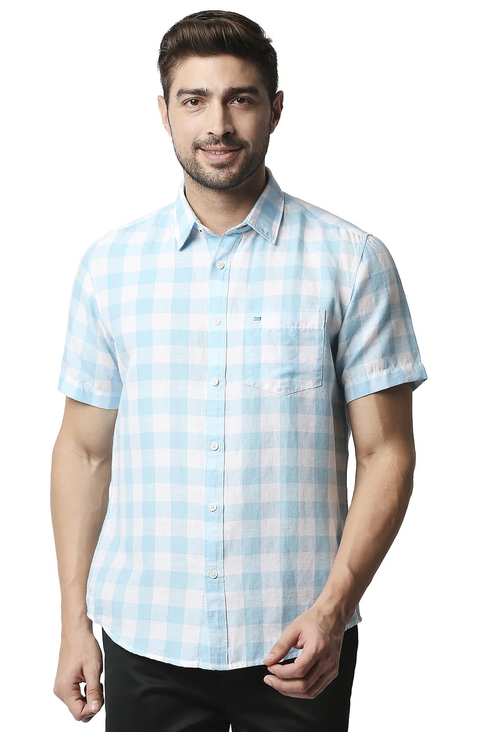 BASICS SLIM FIT COTTON LINEN CHECKS HALFSLEEVES SHIRT