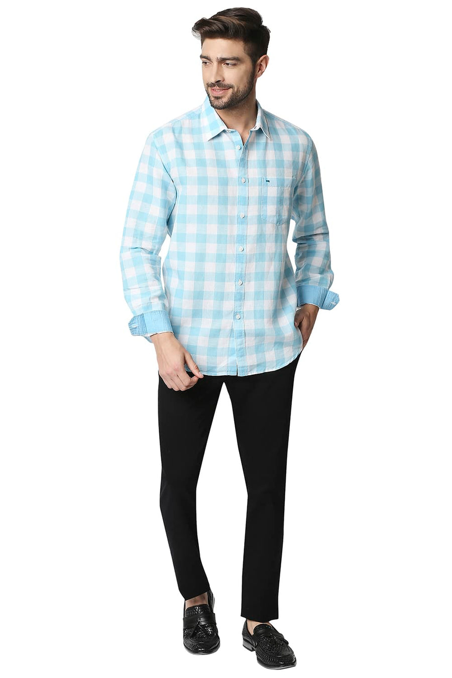 BASICS SLIM FIT PETIT FOUR BLUE COTTON LINEN CHECKS SHIRT