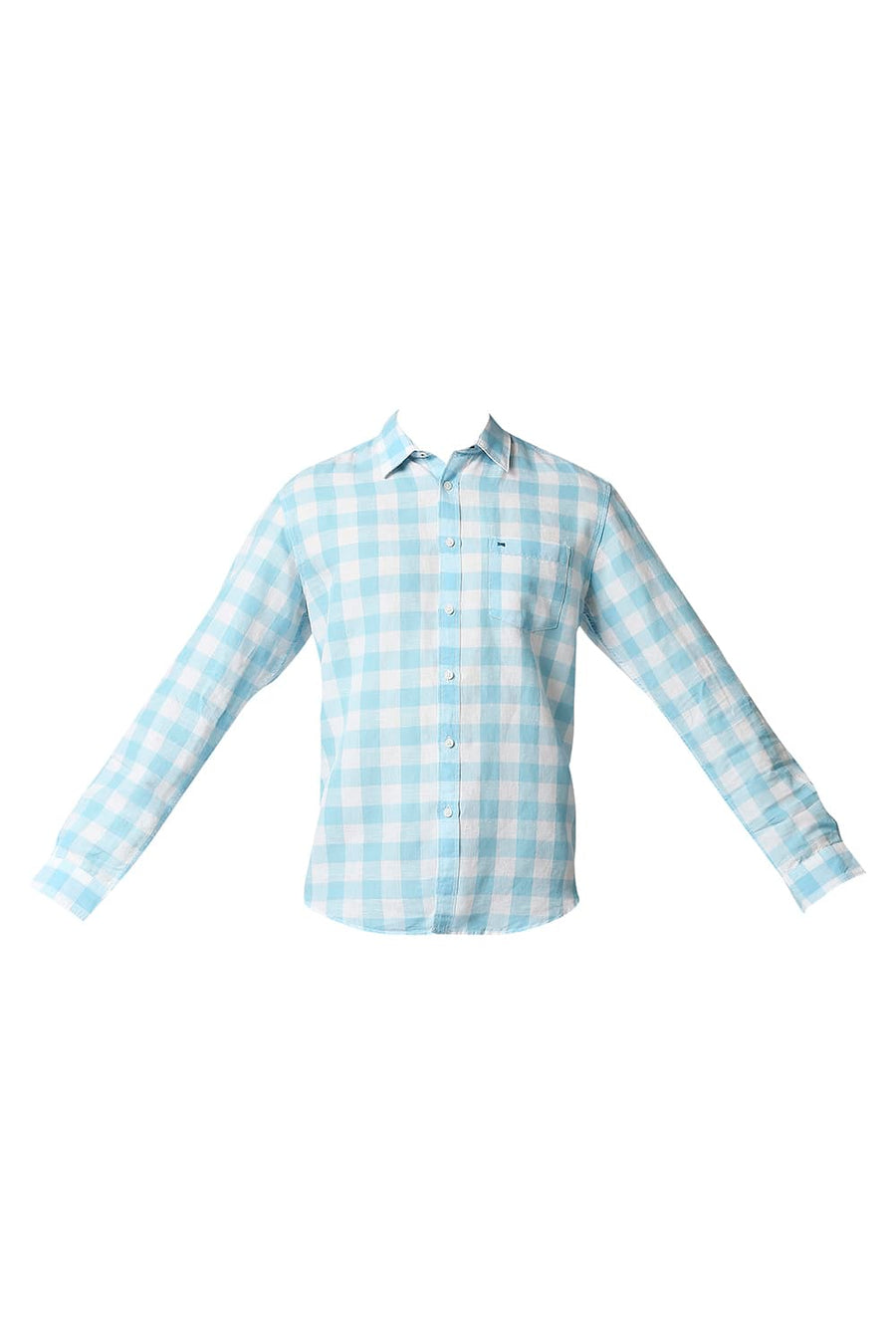 BASICS SLIM FIT PETIT FOUR BLUE COTTON LINEN CHECKS SHIRT
