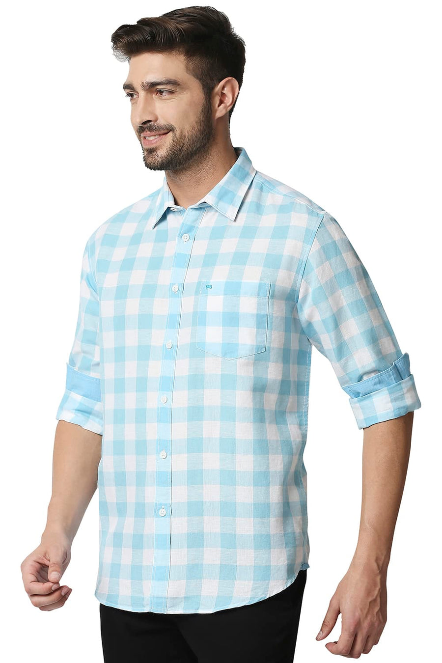 BASICS SLIM FIT PETIT FOUR BLUE COTTON LINEN CHECKS SHIRT