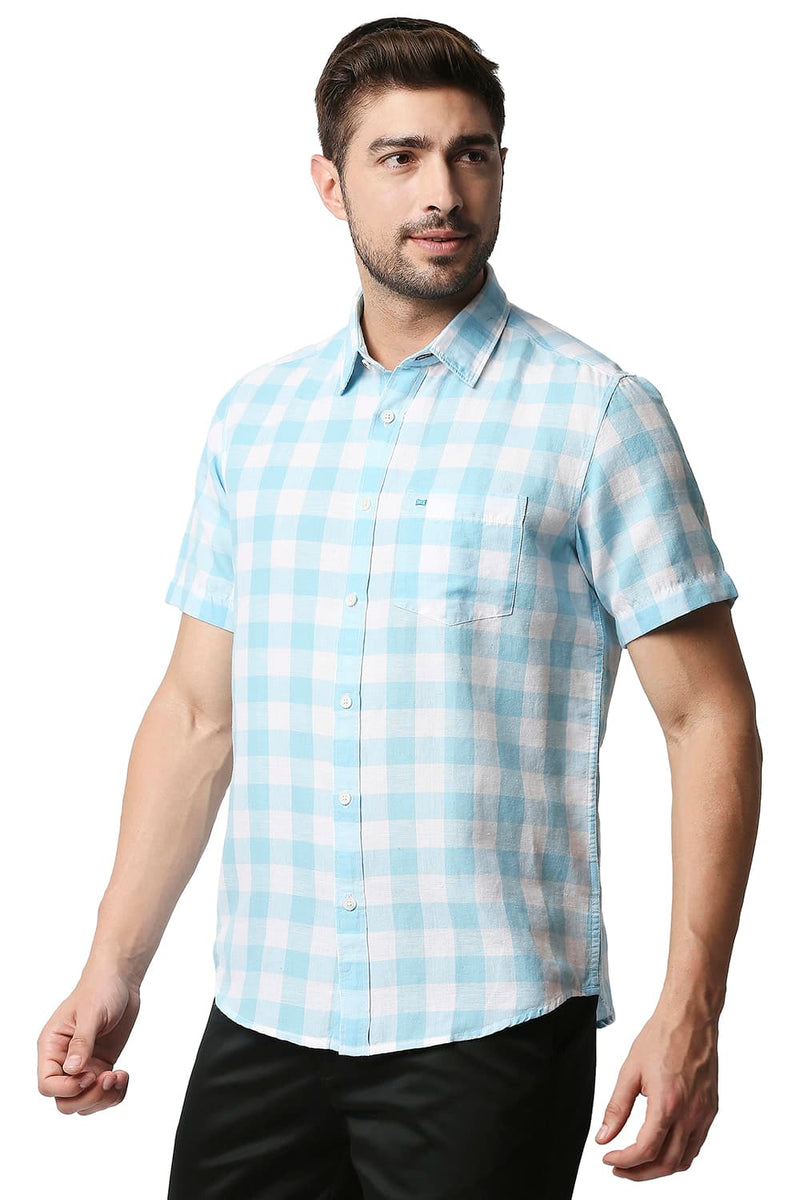 BASICS SLIM FIT COTTON LINEN CHECKS HALFSLEEVES SHIRT