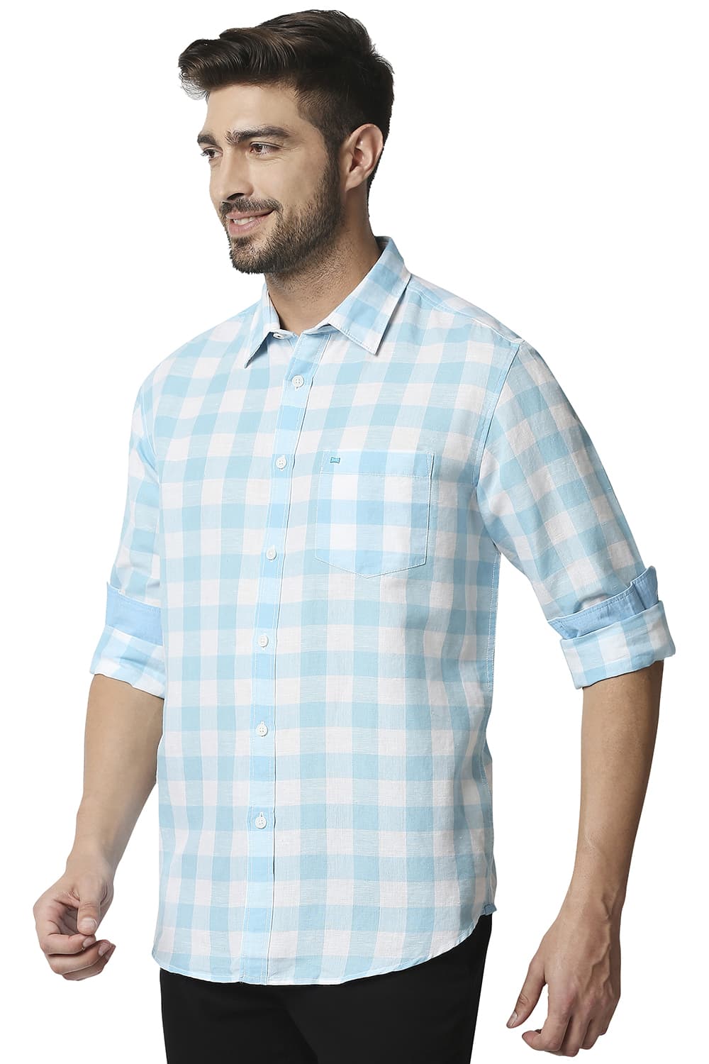 BASICS SLIM FIT COTTON LINEN CHECKS SHIRT