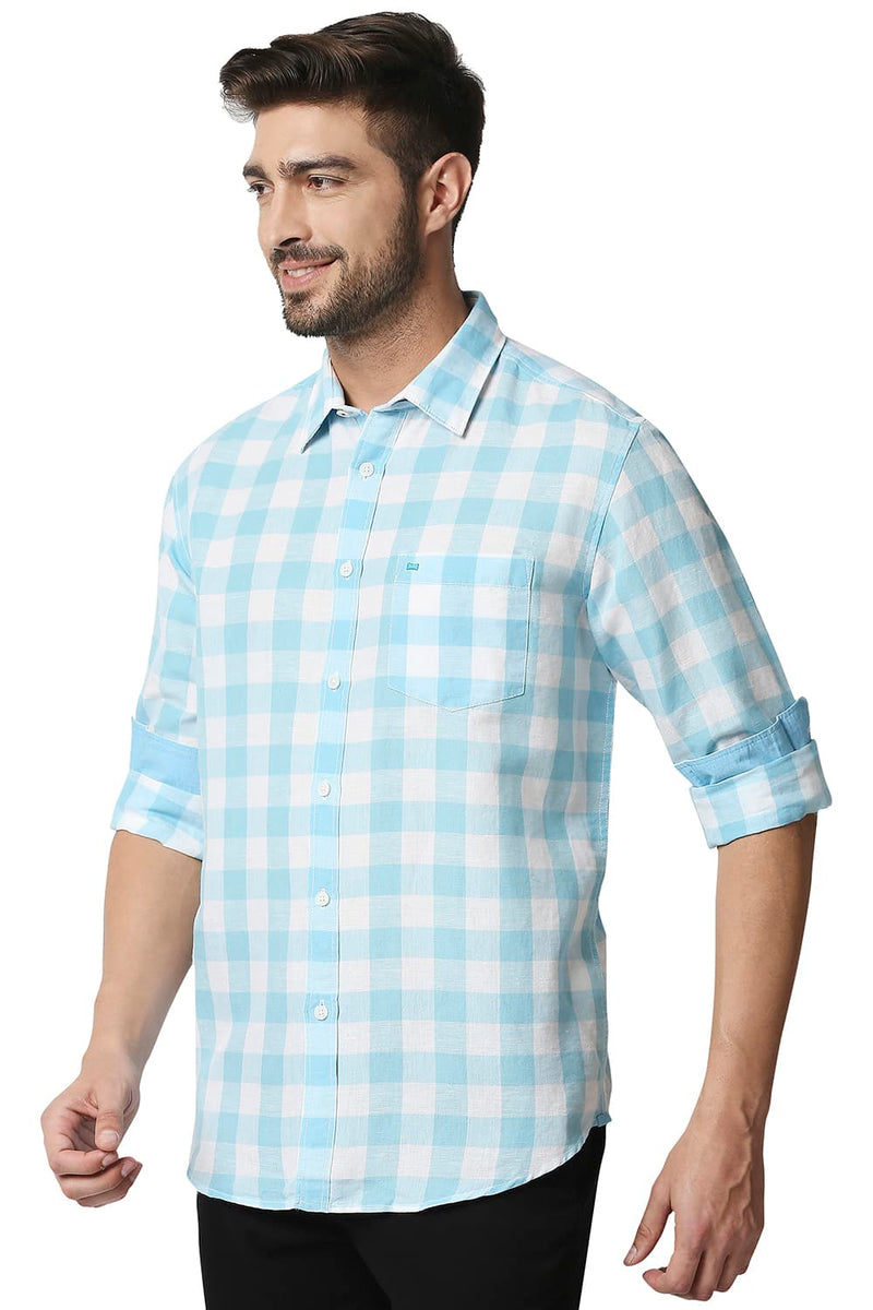 BASICS SLIM FIT COTTON LINEN CHECKS SHIRT