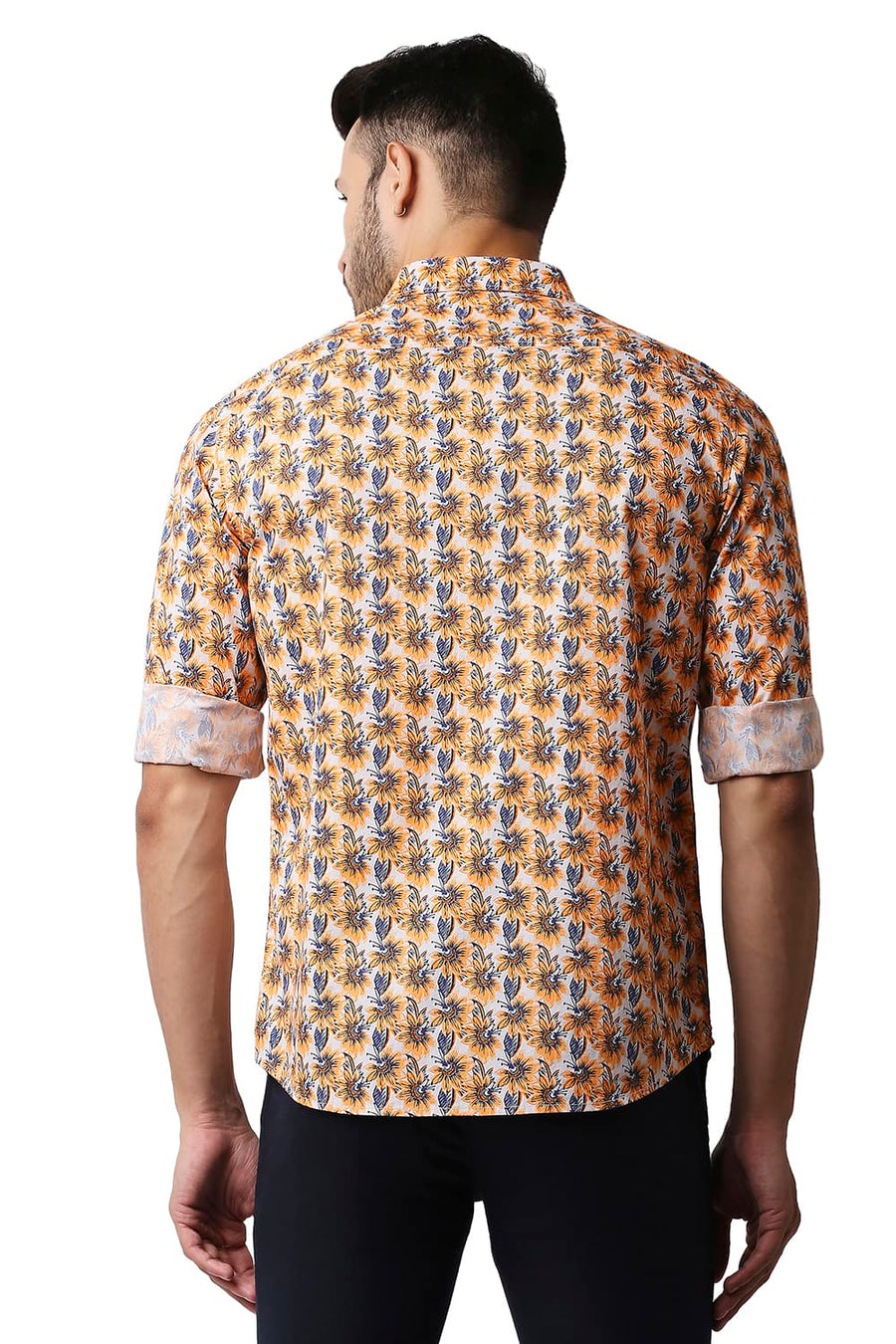 BASICS SLIM FIT MUSK ORANGE TWILL PRINTED SHIRT