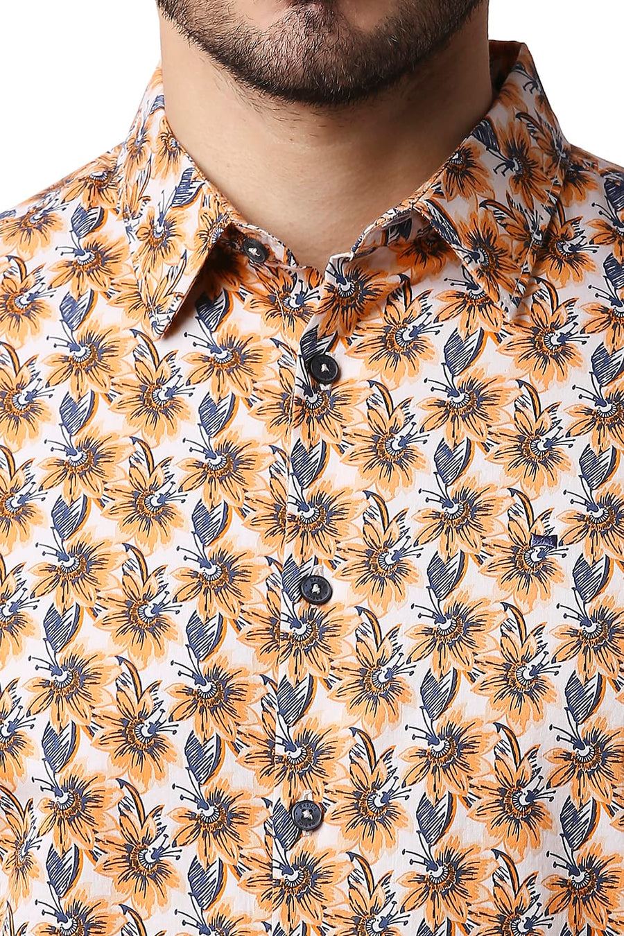 BASICS SLIM FIT MUSK ORANGE TWILL PRINTED SHIRT