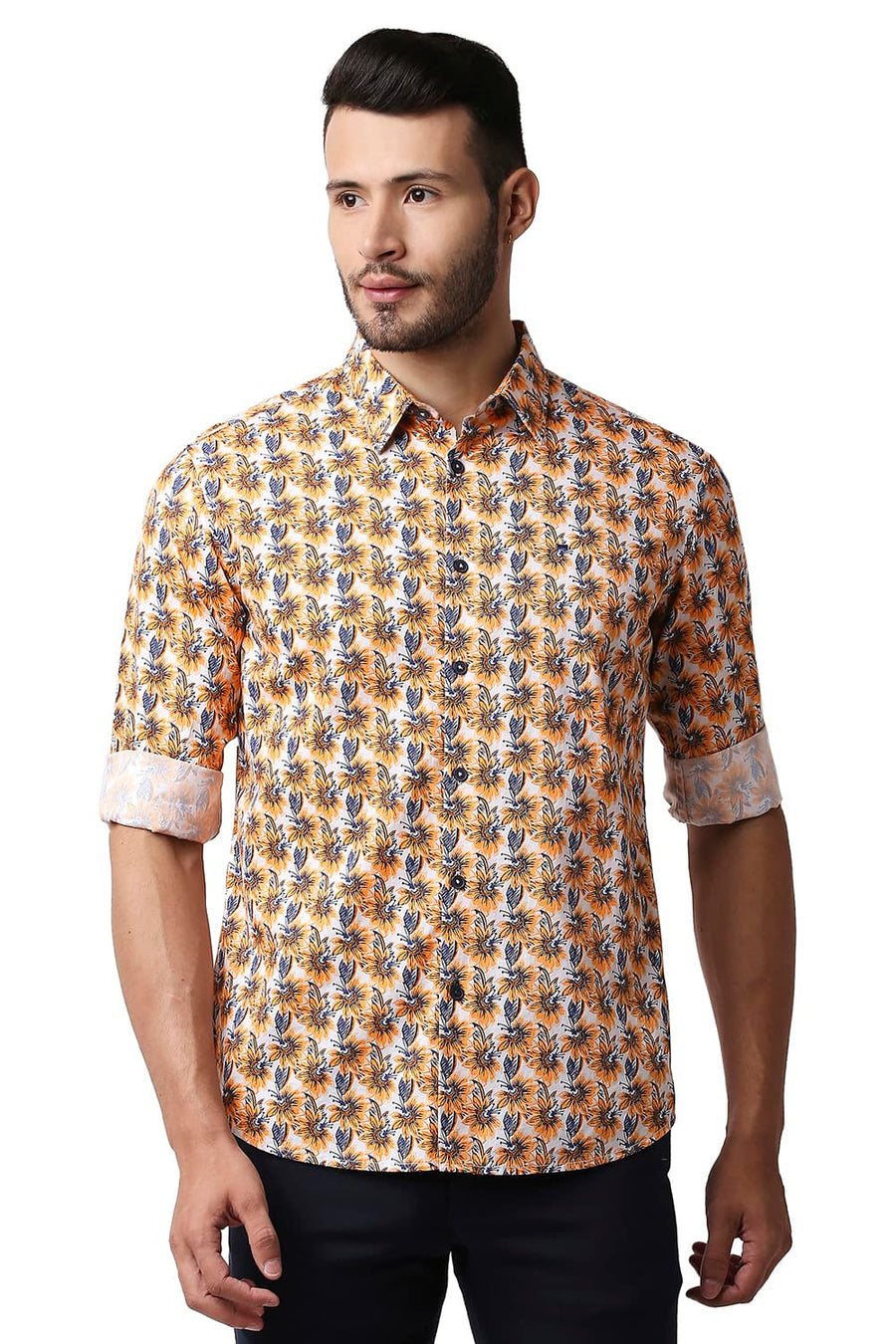 BASICS SLIM FIT MUSK ORANGE TWILL PRINTED SHIRT