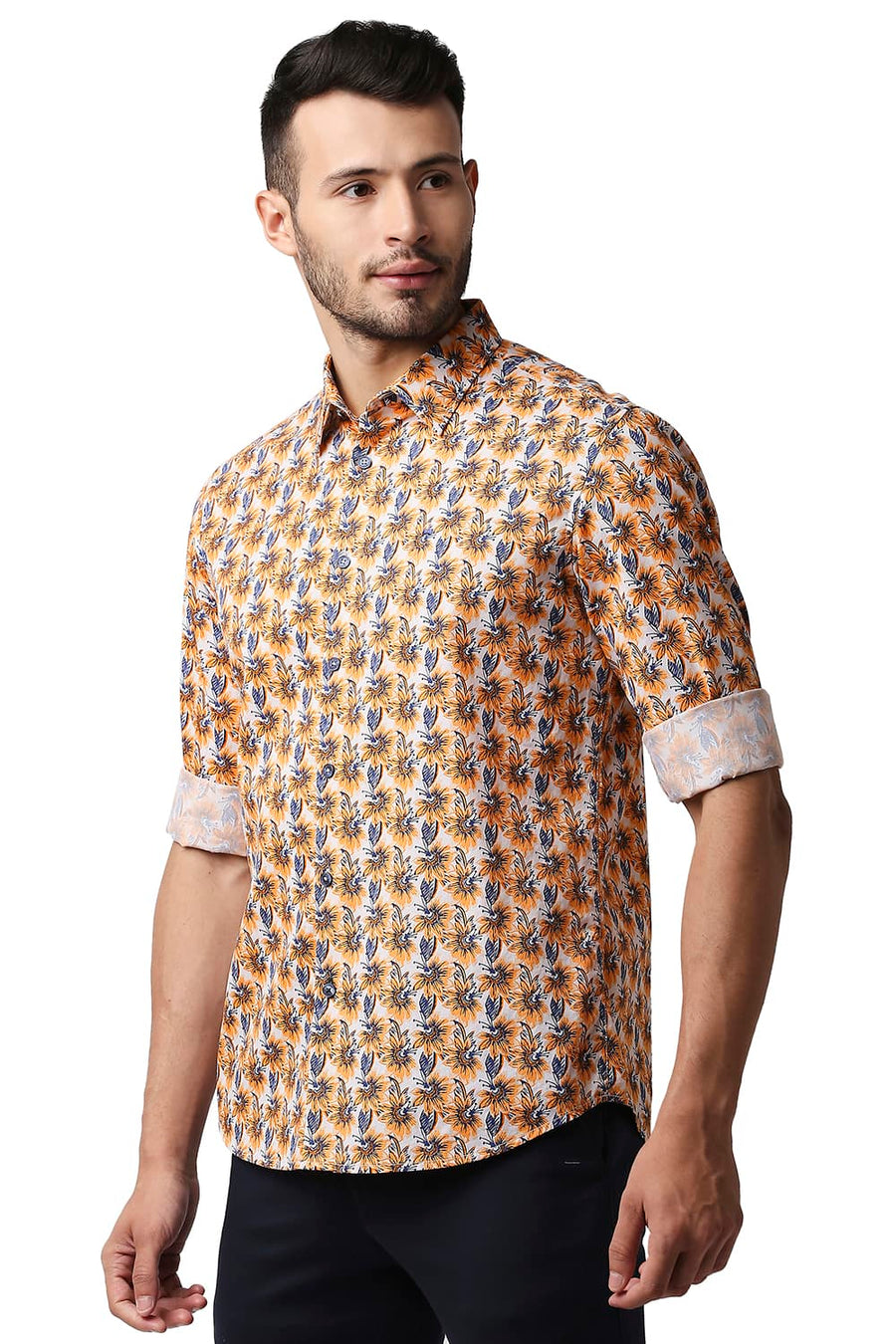 BASICS SLIM FIT MUSK ORANGE TWILL PRINTED SHIRT