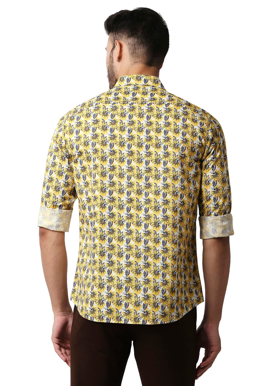 BASICS SLIM FIT CEYLON YELLOW TWILL PRINTED SHIRT