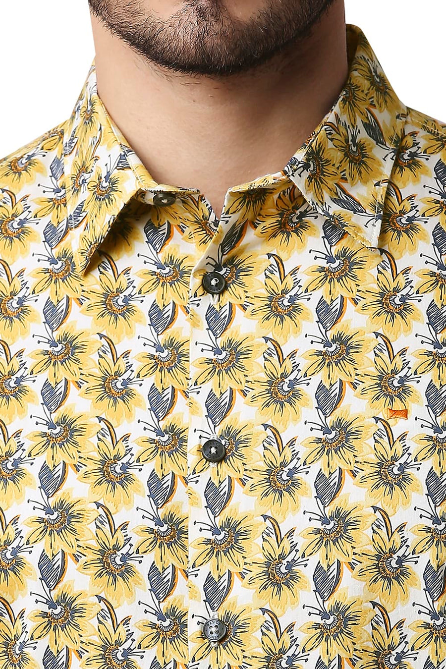 BASICS SLIM FIT CEYLON YELLOW TWILL PRINTED SHIRT