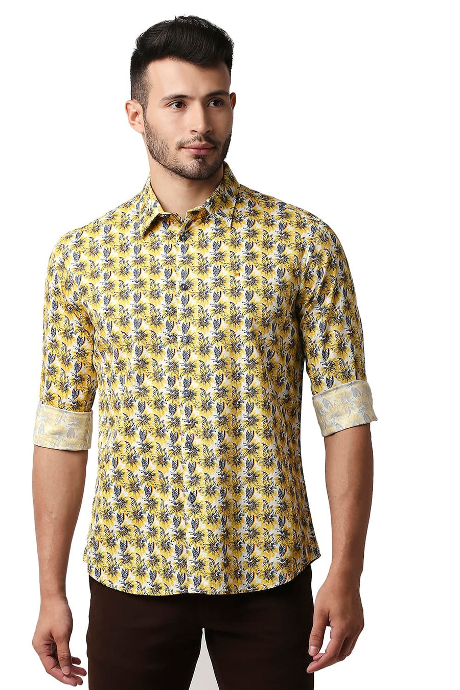 BASICS SLIM FIT CEYLON YELLOW TWILL PRINTED SHIRT