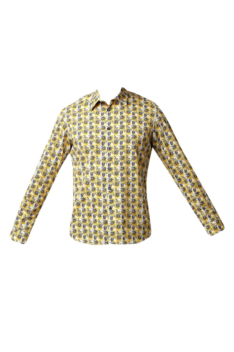 BASICS SLIM FIT CEYLON YELLOW TWILL PRINTED SHIRT