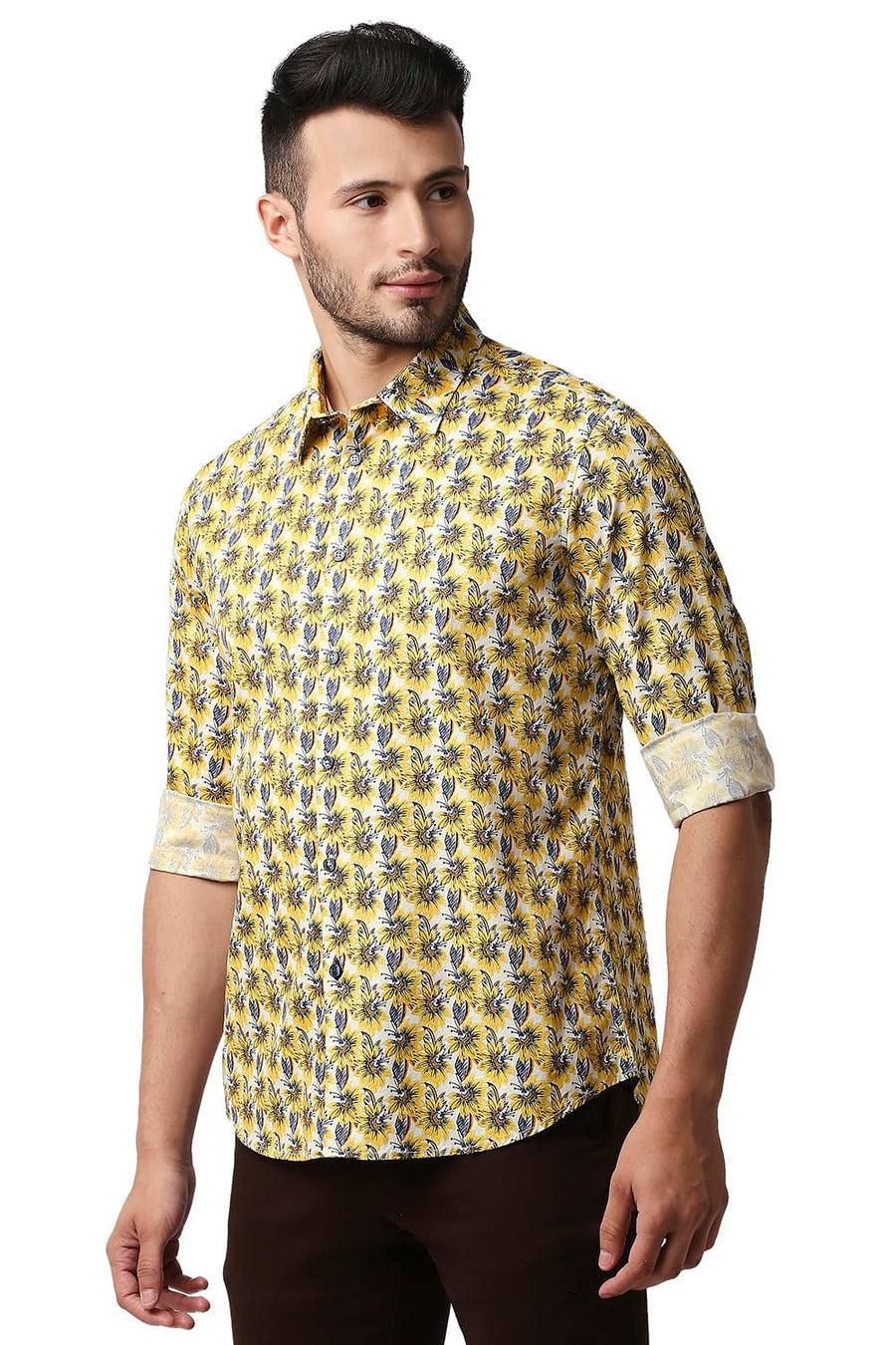 BASICS SLIM FIT CEYLON YELLOW TWILL PRINTED SHIRT