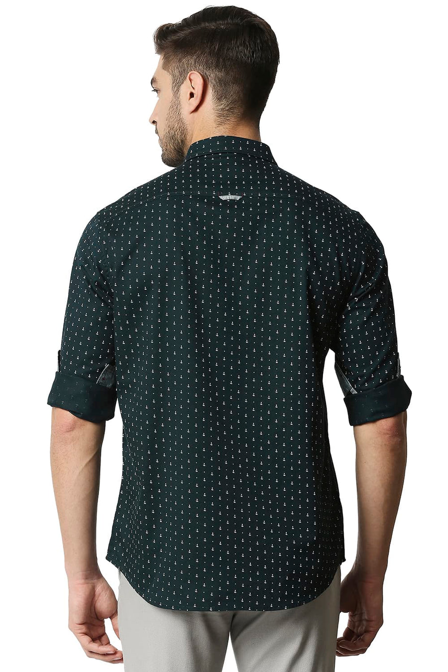 BASICS SLIM FIT JUNE BUG GREEN TWILL PRINTED SHIRT
