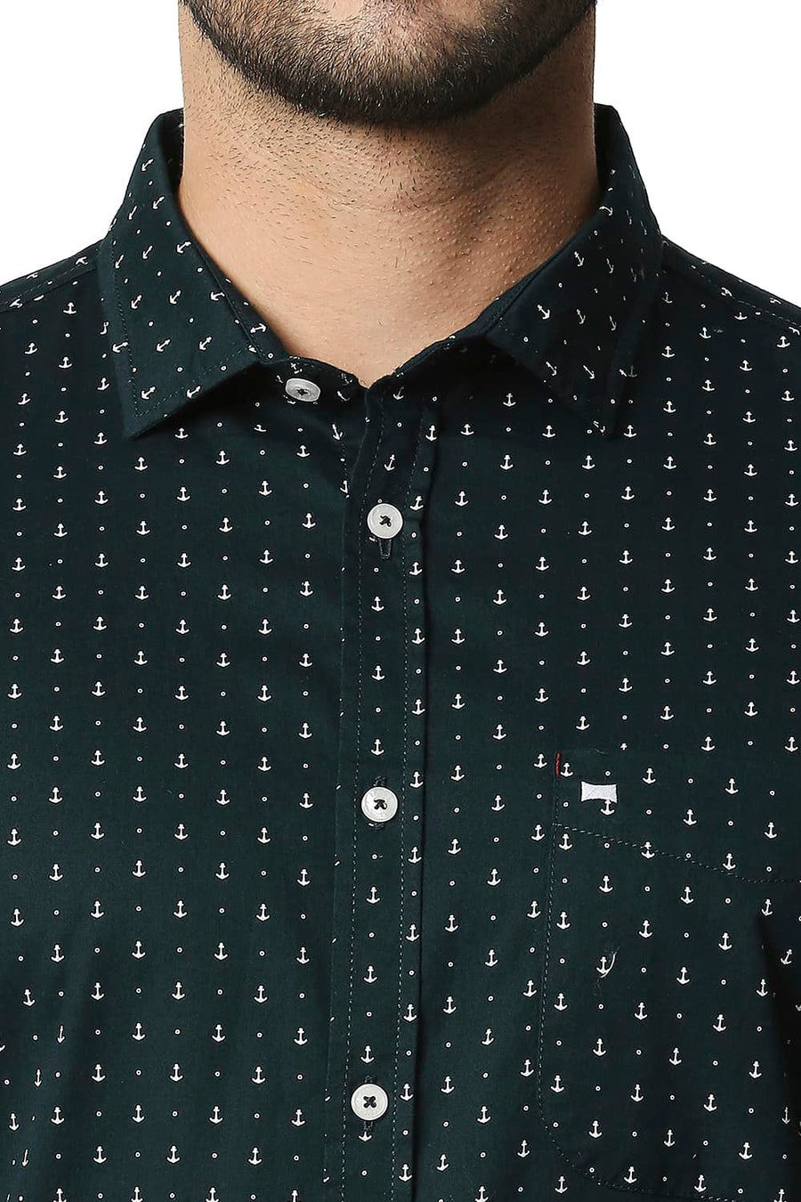 BASICS SLIM FIT JUNE BUG GREEN TWILL PRINTED SHIRT