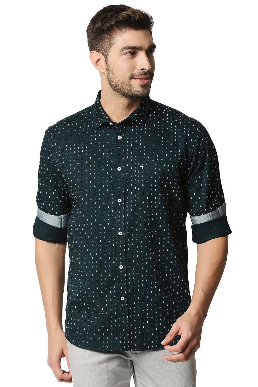 BASICS SLIM FIT JUNE BUG GREEN TWILL PRINTED SHIRT