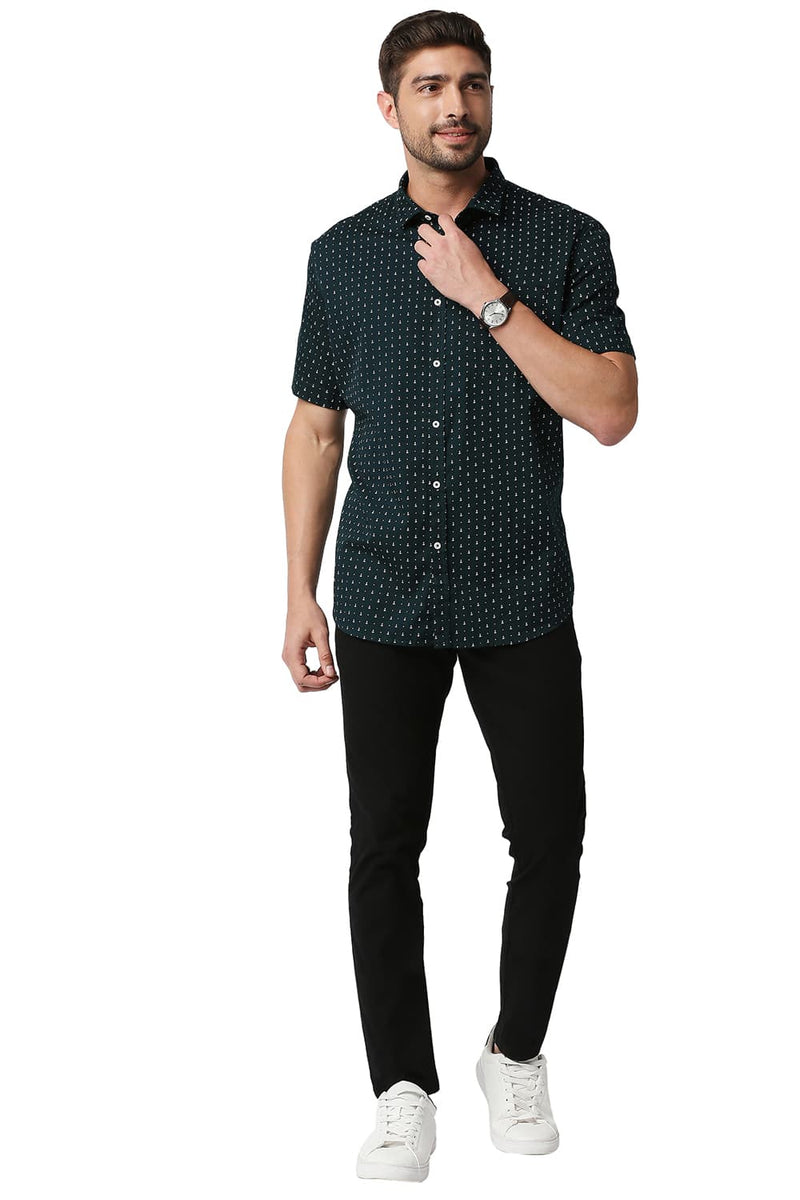 BASICS SLIM FIT TWILL PRINTED HALFSLEEVES SHIRT