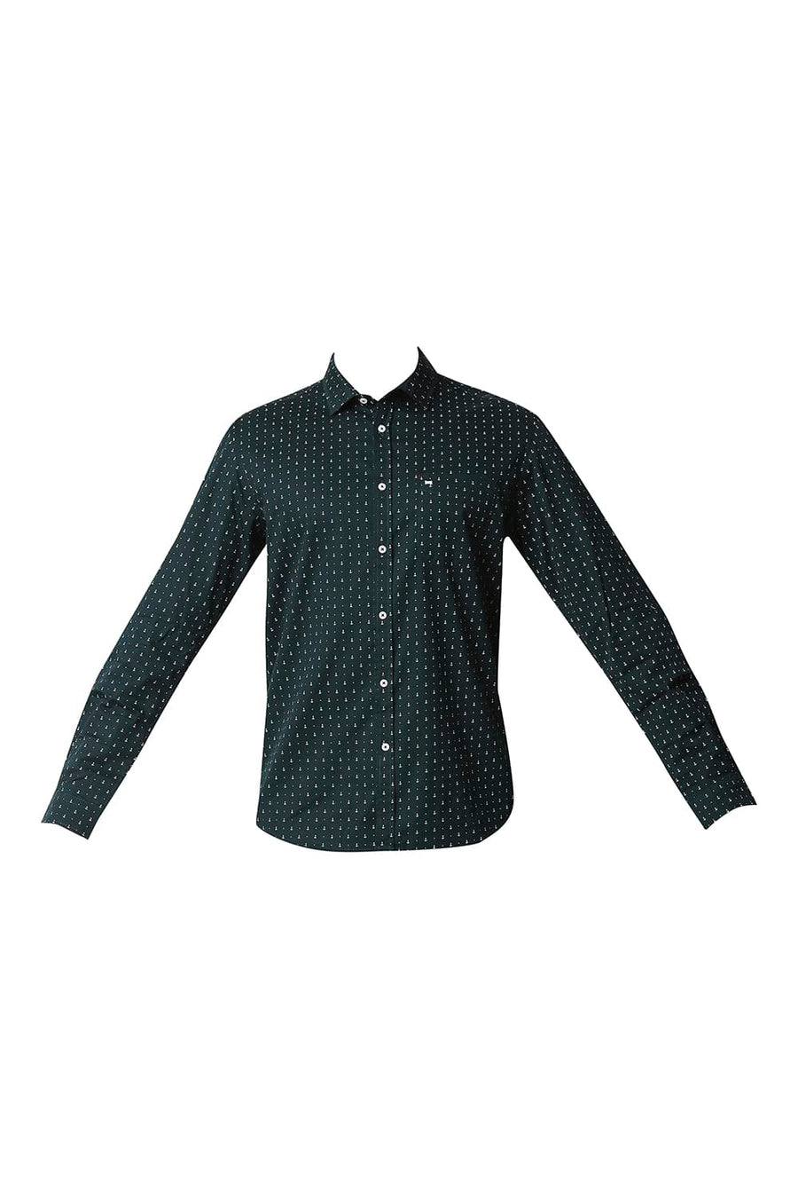 BASICS SLIM FIT JUNE BUG GREEN TWILL PRINTED SHIRT