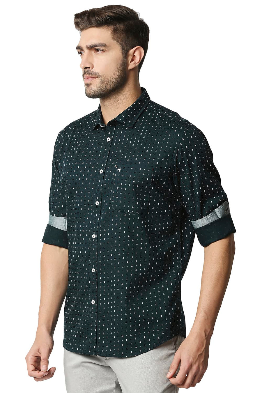 BASICS SLIM FIT JUNE BUG GREEN TWILL PRINTED SHIRT