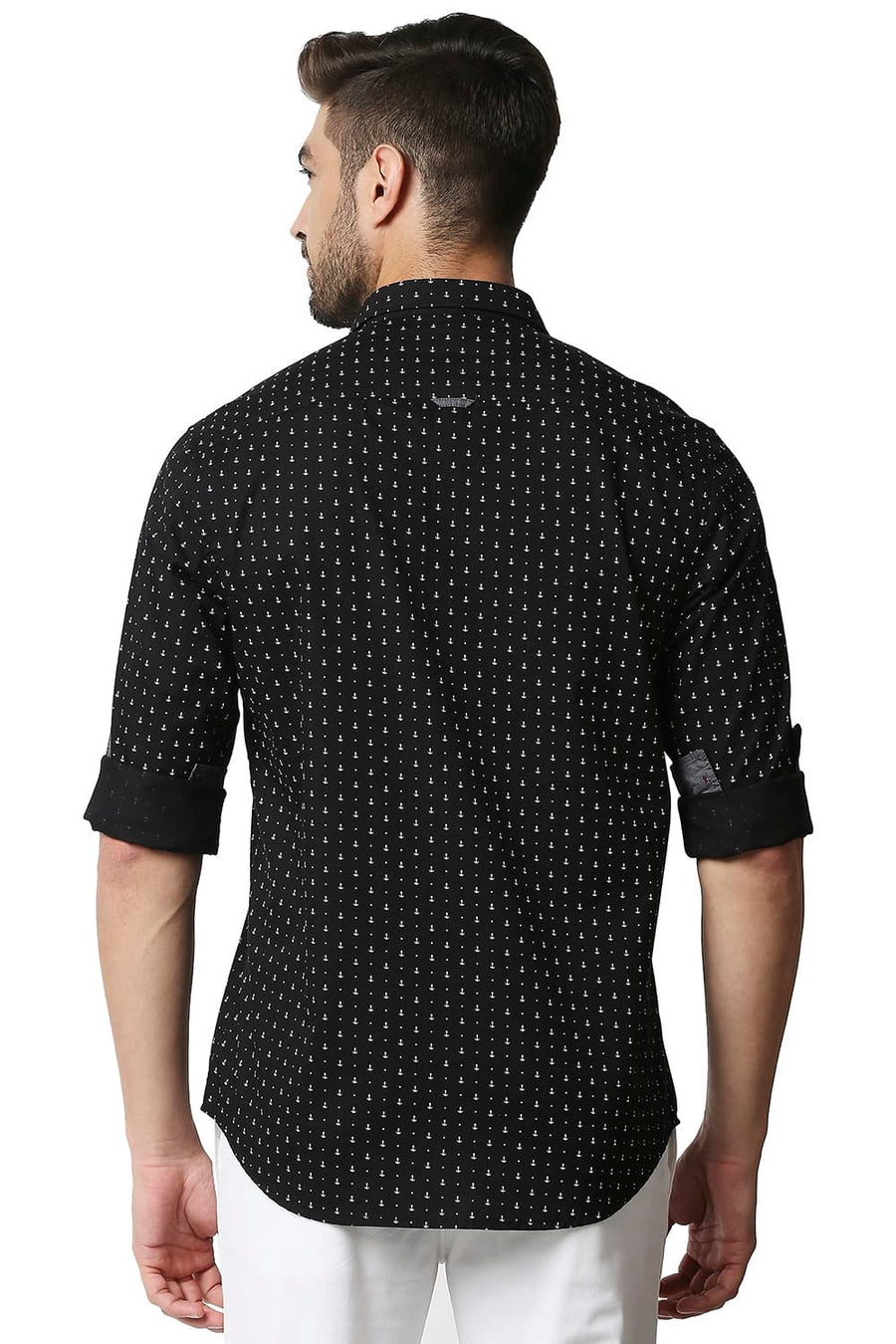BASICS SLIM FIT ANTHRACITE BLACK TWILL PRINTED SHIRT